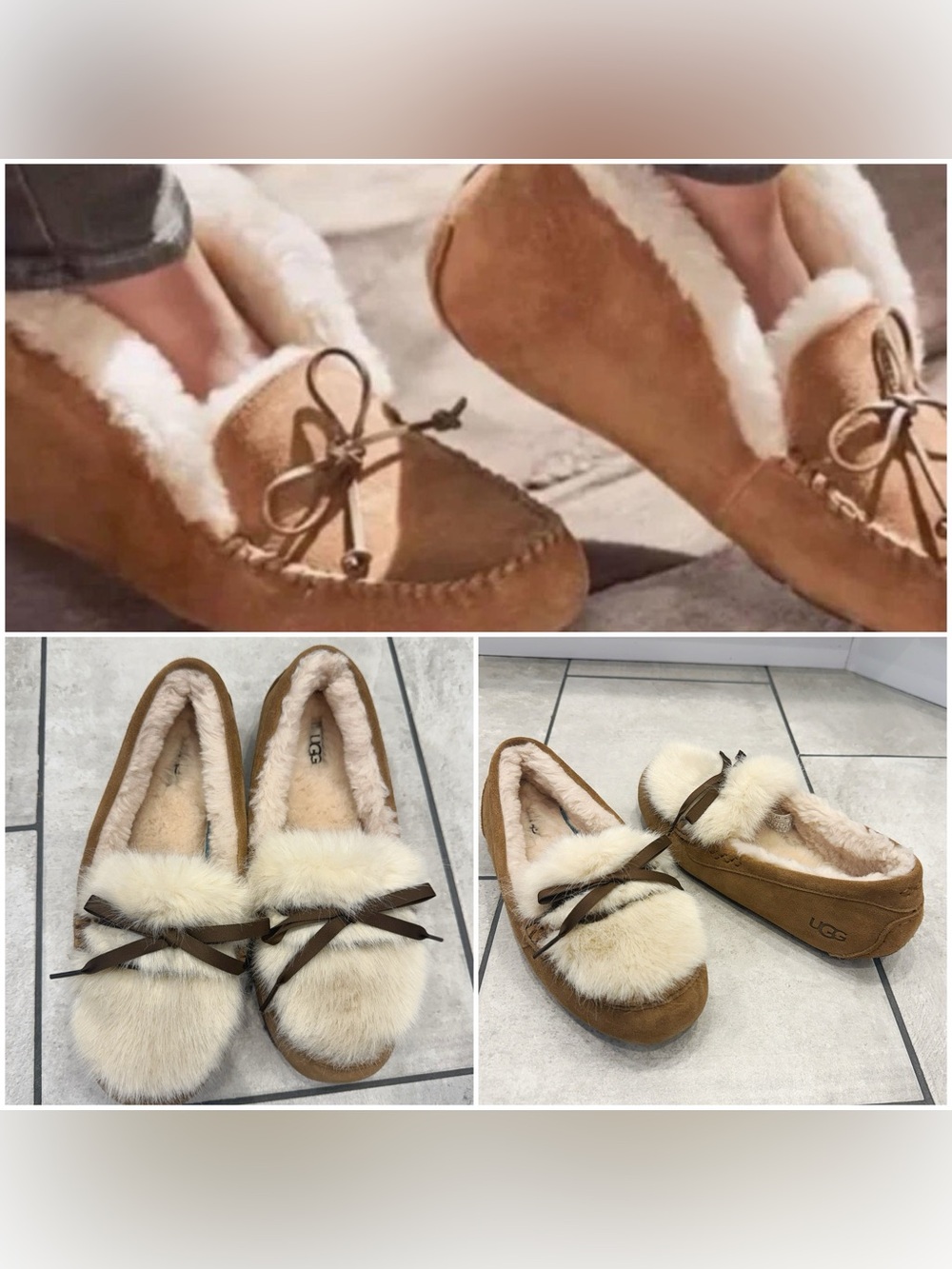 Authentic UGG Chestnut Fur-Trim Moccasin Slippers